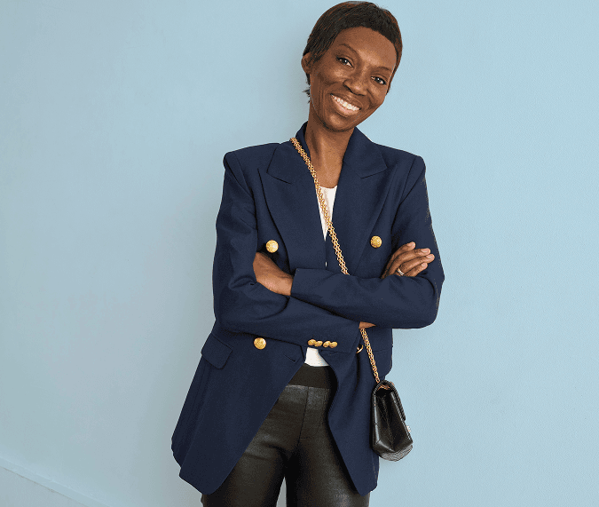 Pascale in navy blazer